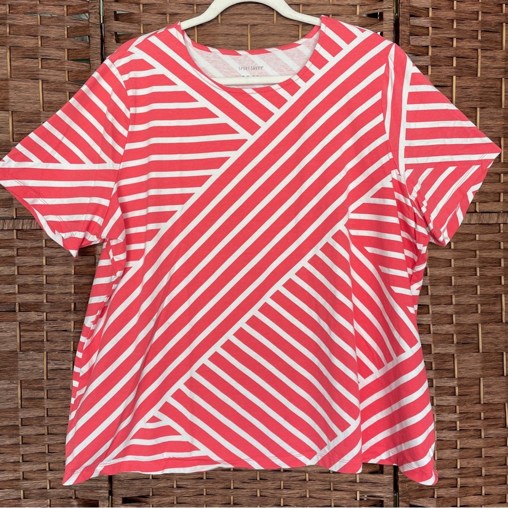 Sport Savvy Criss-Cross Jersey Round Neck Top, Coral and White, Cotton, Size 2X.